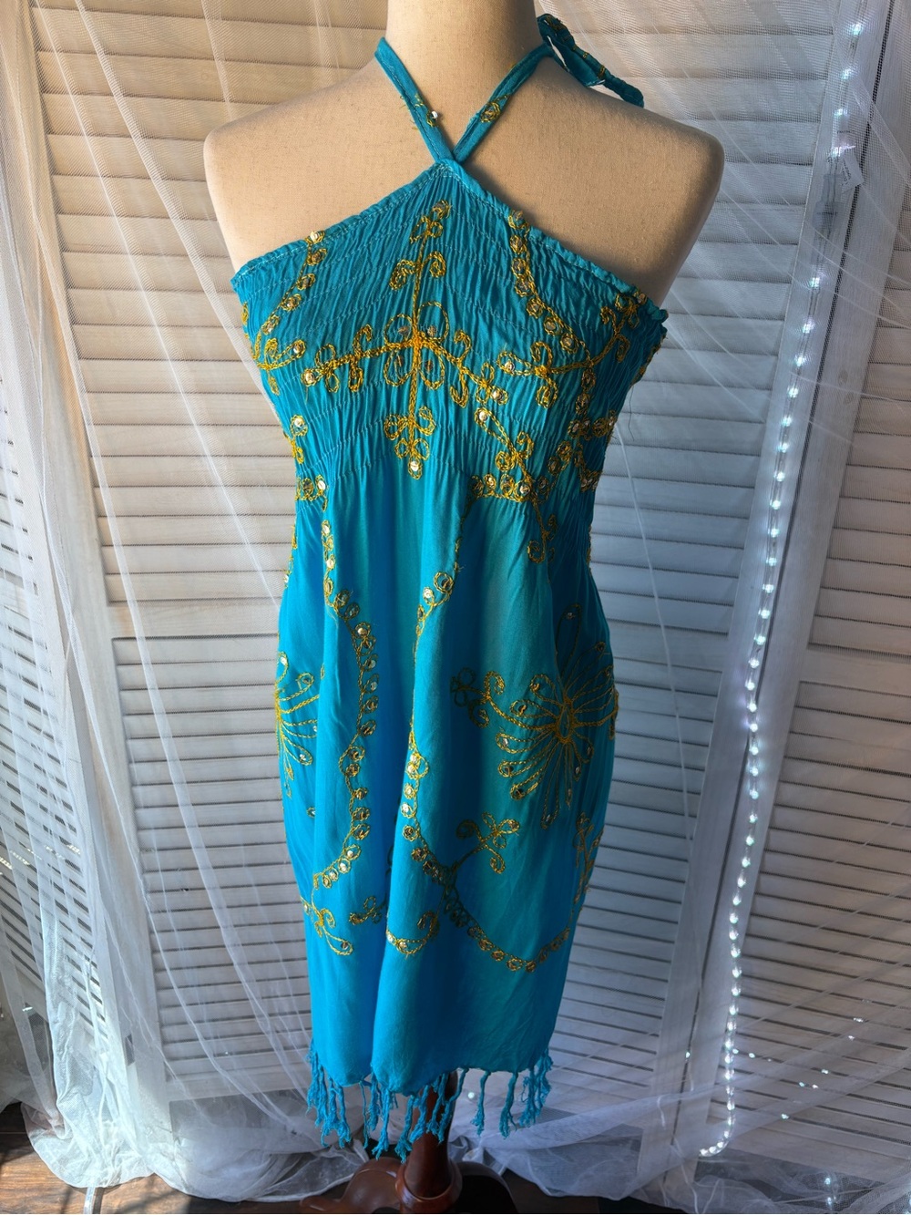 Source Unknown Turquoise Halter Midi Dress with Gold Embellishment
